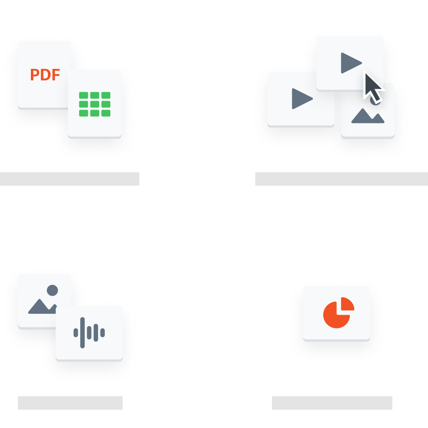 Clusters of assorted file icons including PDF, spreadsheet, video, image, audio, and presentation